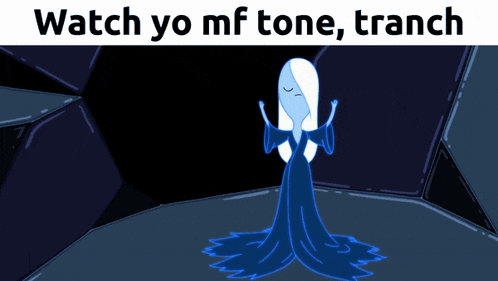 a blue and white cartoon character with the words watch yo mf tone tranche
