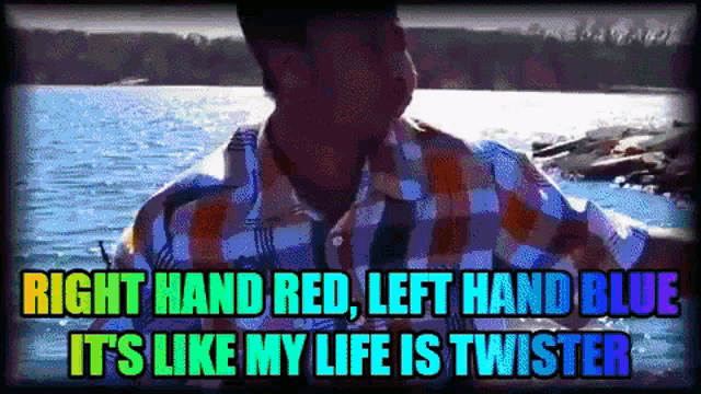 a man in a plaid shirt with the words right hand red left hand blue it 's like my life is twister written below him