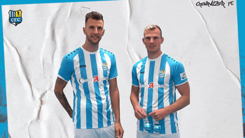 two soccer players wearing blue and white striped shirts with jako written on the front