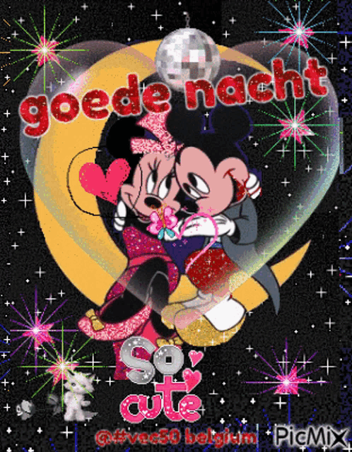 a picture of mickey mouse and minnie mouse kissing with the words goede nacht so cute