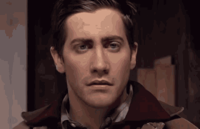 a close up of a man 's face wearing a brown coat and a red collar .