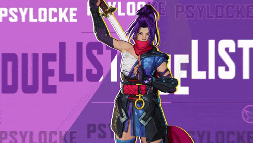 a woman with purple hair is holding a sword in front of the words psylocke duelist list