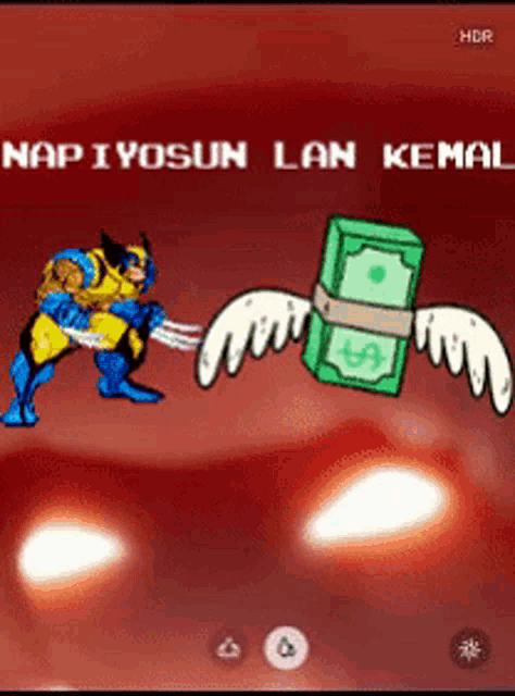 a cartoon of wolverine holding a stack of money with wings