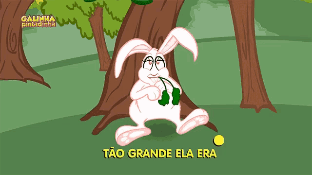 a cartoon of a rabbit with the words que fiquei barrigudo written below it