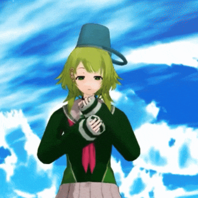 a girl with green hair is wearing a blue hat and gloves