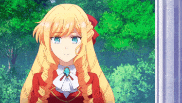 a girl with blonde hair and blue eyes is wearing a red and white dress