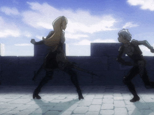 a man and a woman are standing next to each other on a sidewalk