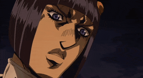 a close up of a cartoon character 's face with a purple helmet on .