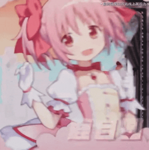 a girl with pink hair and white gloves stands in front of chinese characters