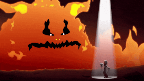 a cartoon drawing of a person standing in front of a fireball