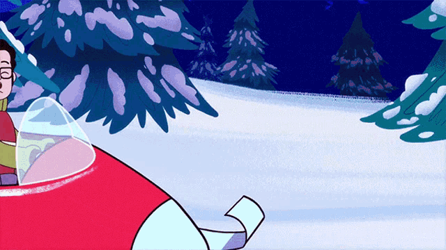 a cartoon of a man driving a snowmobile with trees in the background