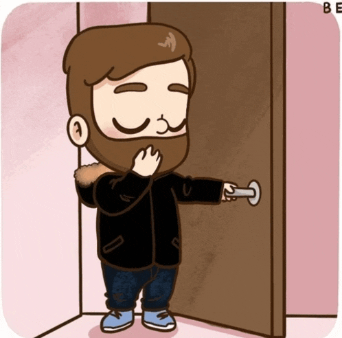 a cartoon drawing of a man with a beard holding a door knob