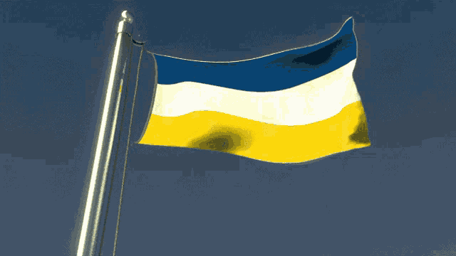 a blue yellow and white flag is flying in the wind