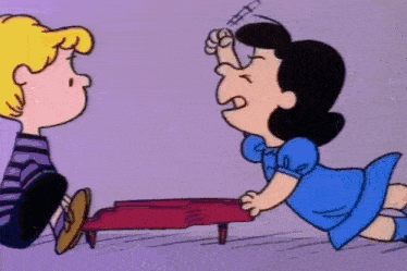 a cartoon of a boy and a girl playing a piano . the girl is wearing a blue dress .