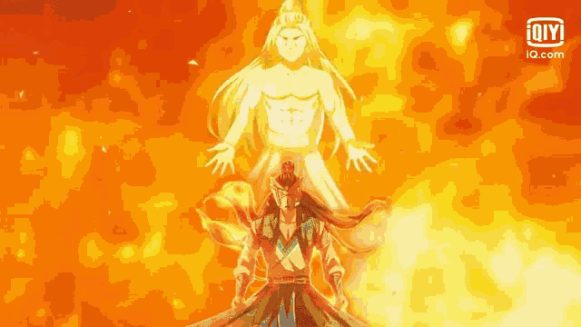 a cartoon character is standing in front of a fire .