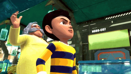 a boy in a yellow and blue striped shirt stands next to a man in a yellow shirt