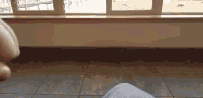 a person sitting in front of a window with a tile floor