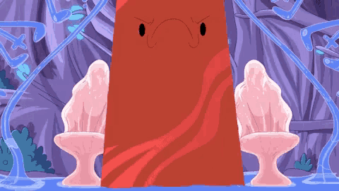 a cartoon drawing of a red object with an angry face standing next to two chairs
