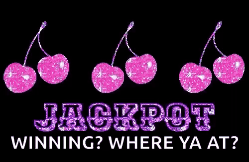 a black background with pink cherries and the words " jackpot winning where ya at "