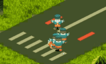 a group of cartoon characters are walking across a crosswalk