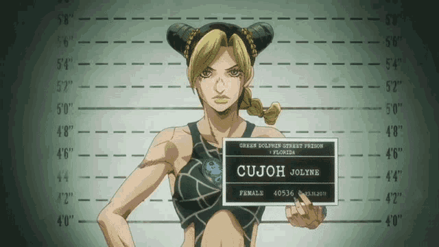a picture of cujoh jolyne from florida holding a mug shot