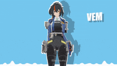 a girl in a blue jacket stands in front of a blue background that says vem vem hul
