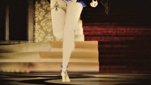 a woman is walking down a set of stairs in a video game
