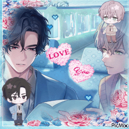a picture of a man reading a letter with a pink heart that says love