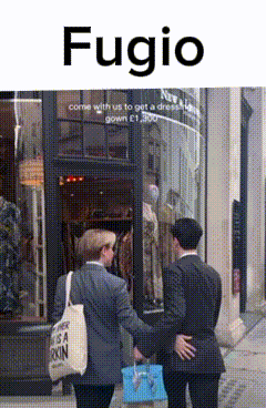 a man and a woman are standing in front of a store called fugio