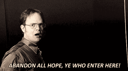 a black and white photo of a man with the words abandon all hope ye who enter here at the bottom