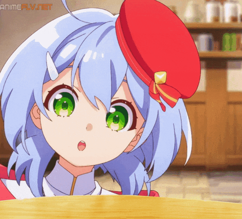 a girl with blue hair and green eyes is wearing a red hat that says animeflv.net on it