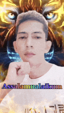 a man with a tiger behind him with the words assalamualaikum
