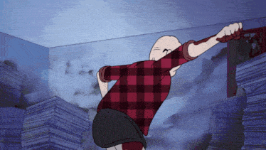 a man in a plaid shirt is holding a sword