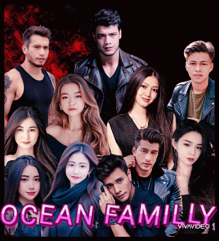 a group of people standing next to each other with ocean family written in pink