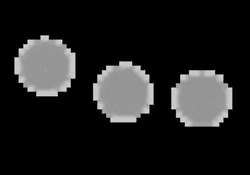 three white circles are floating in the air on a black background in a pixel art style .