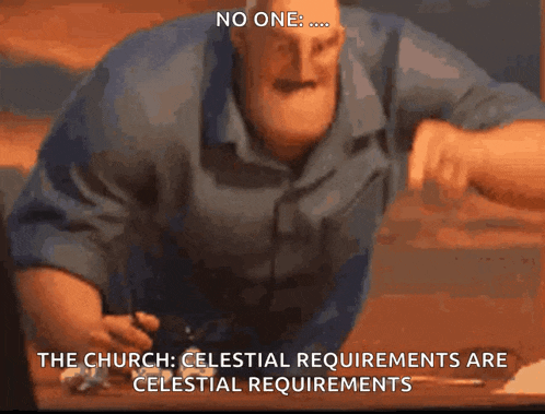 a man in a blue shirt says " no one " in front of a table