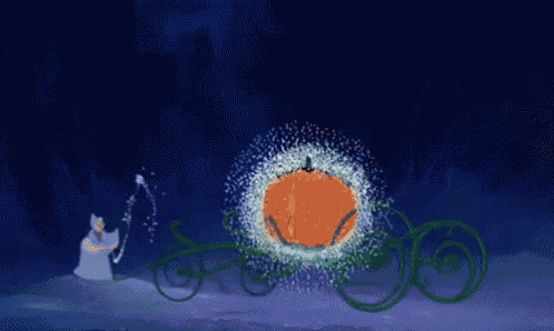 cinderella is riding in a carriage pulled by a fairy in a cartoon .
