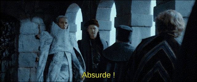 a man in a white coat stands in front of a group of men and says absurde in yellow letters