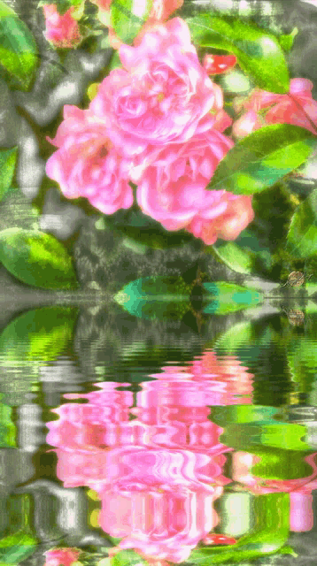 a painting of pink roses with green leaves reflected in the water