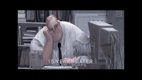 a man is sitting at a desk in front of a computer with the words 15 years later 15 ar senare on the bottom