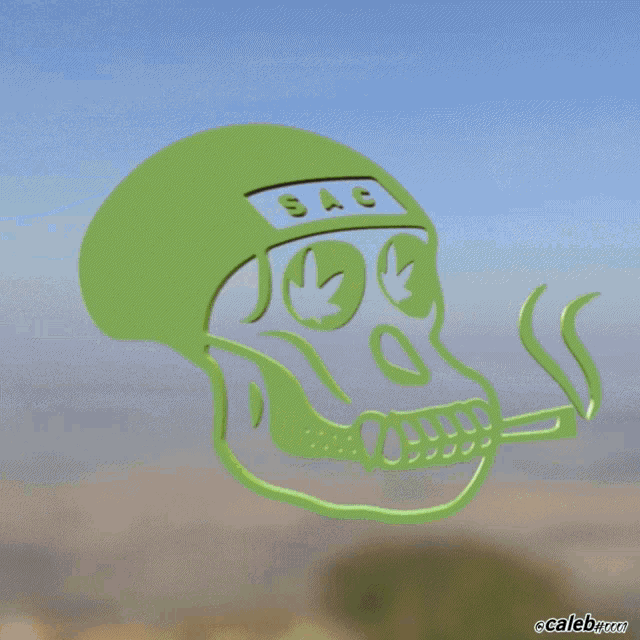 a 3d model of a green skull with caleb.com written on the bottom