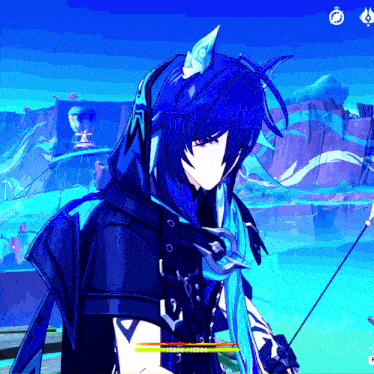 a screenshot of a video game with a character with blue hair and a sword