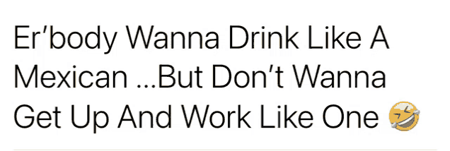 a text that says " er body wanna drink like a mexican but don t wanna get up and work like one "