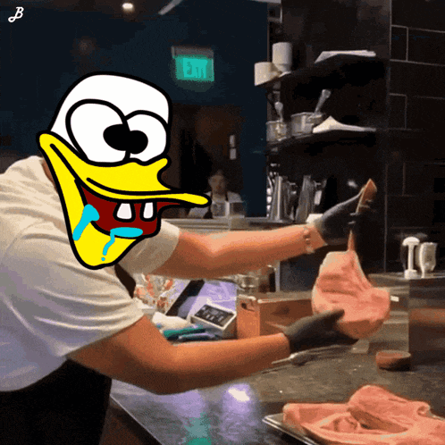 a cartoon of a duck holding a piece of meat