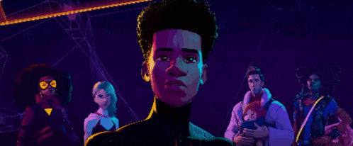 a group of people are standing next to each other in a dark room in a cartoon .