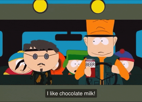 a group of south park characters are sitting in a car and one of them is holding a can of beer