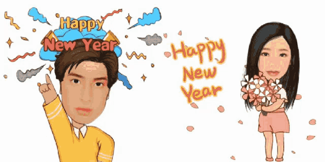 a cartoon of a man and a woman with the words happy new year