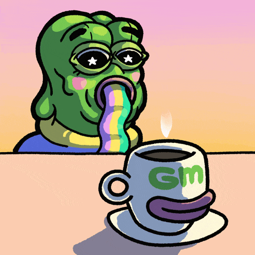 a cartoon frog is drinking from a cup that says gm on it