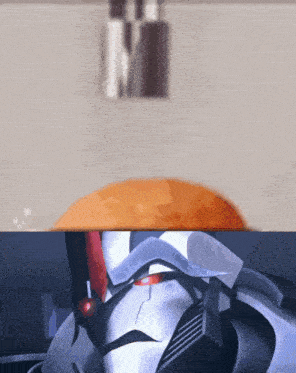 a close up of a robot 's face with a blurred background and the letter m in the corner
