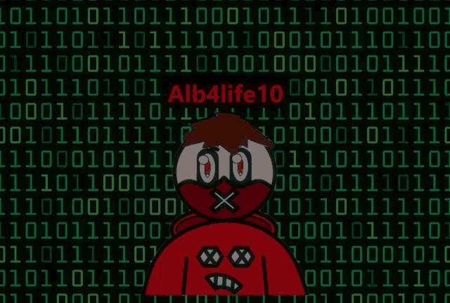 a cartoon character in a red hoodie stands in front of a binary background that says alb4life10 on it